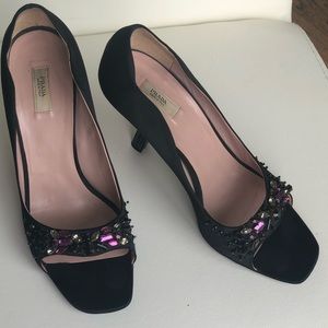 Unique Black satin Prada open toe heels.